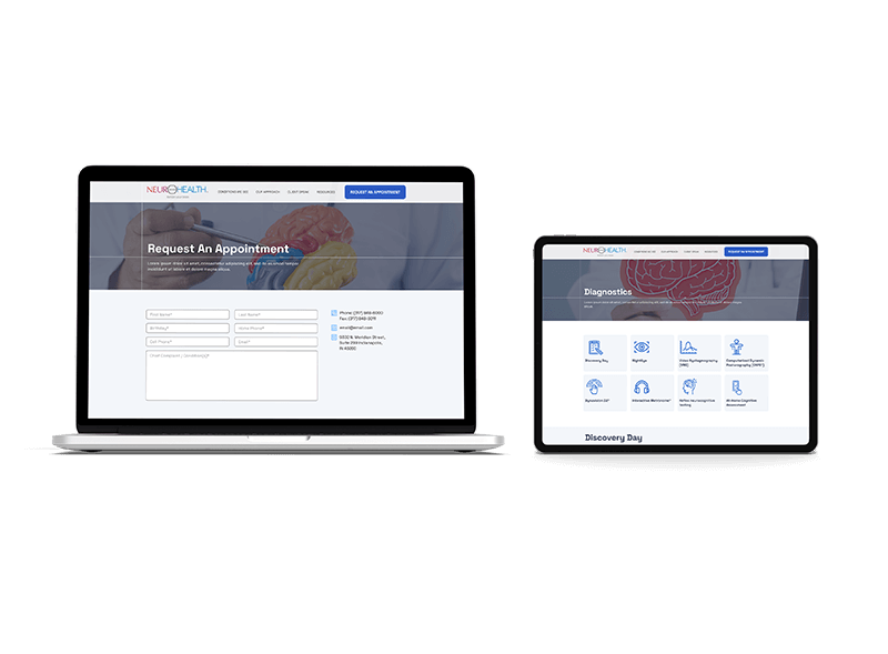 Examples of responsive web design, custom widgets and a contact form on NeuroHealth Brain Center's custome designed website.
